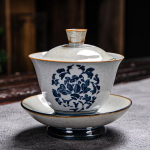 Gaiwan in porcellana blu con decori dipinti a mano — Bouquet di fiori