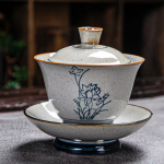 Gaiwan in porcellana blu con decori dipinti a mano — Fiore su stelo