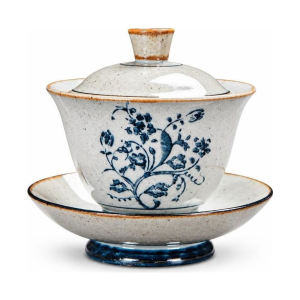 Gaiwan in porcellana blu con decori dipinti a mano — Ramo fiorito