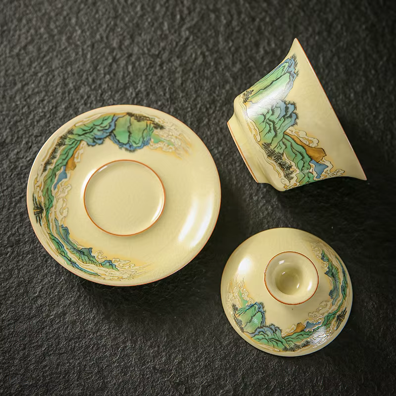 Gaiwan in porcellana con decori Montagne o Fiori