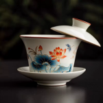 Gaiwan in porcellana di Dehua dipinto a mano — Fiori blu scuro e arancio-rosso