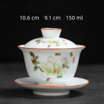 Gaiwan in porcellana di Dehua dipinto a mano — Fiori verde pallido, beige e rosa