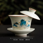 Gaiwan in porcellana di Dehua dipinto a mano — Paesaggio blu e turchese