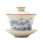 Gaiwan in porcellana di Dehua dipinto a mano — Paesaggio blu monocromatico