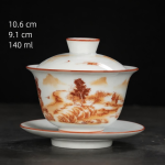 Gaiwan in porcellana di Dehua dipinto a mano — Paesaggio seppia