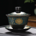 Gaiwan in porcellana nera da 180 ml — Banda floreale turchese