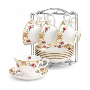 Servizio da tè in porcellana bone china floreale — Bianco con fiori colorati