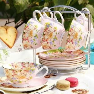 Servizio da tè in porcellana bone china floreale — Rosa pallido floreale