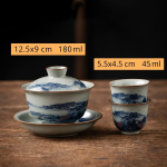 Servizio da tè in porcellana con gaiwan o teiera — Ciotola con coperchio e tazze, paesaggi blu