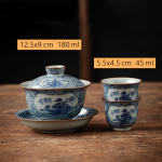 Servizio da tè in porcellana con gaiwan o teiera — Ciotola con coperchio e tazze, paesaggi e reticolo