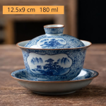 Servizio da tè in porcellana con gaiwan o teiera — Ciotola con coperchio, paesaggi e reticolo