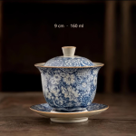 Tazza gaiwan in porcellana blu e bianca — Ciotola alta con piattino con piede