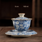 Tazza gaiwan in porcellana blu e bianca — Ciotola arrotondata con piattino svasato