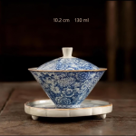 Tazza gaiwan in porcellana blu e bianca — Ciotola conica con supporto rialzato su piedini